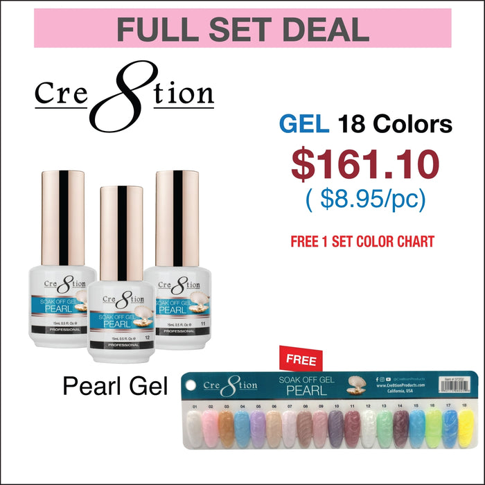Cre8tion Pearl Soak Off Gel 0.5oz - Juego completo de 12 colores con 1 tabla de colores
