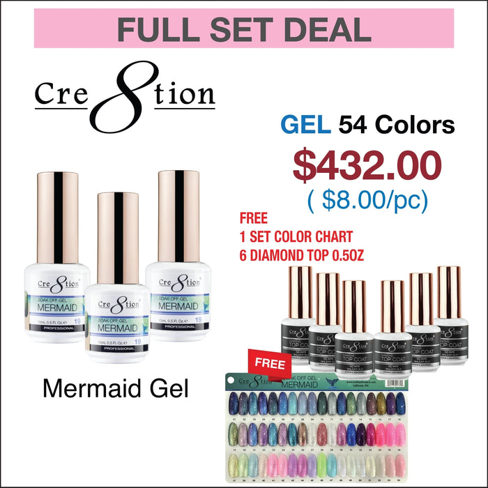 Cre8tion Mermaid Gel 0.5oz - Full Set 54 colors w/ 6 Top Diamond 0.5oz & 1 Color Chart