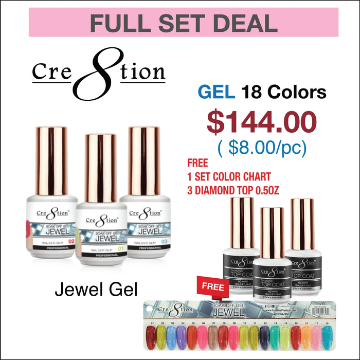 Cre8tion Jewel Collection Soak Off Gel 0.5oz - Juego completo de 12 colores con 3 diamantes superiores de 0.5oz y 1 juego de carta de colores
