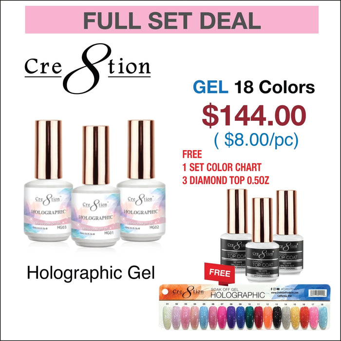 Cre8tion Holographic Gel 0.5oz - Full Set 18 colors w/ 3 Top Diamond 0.5oz & 1 Color Chart