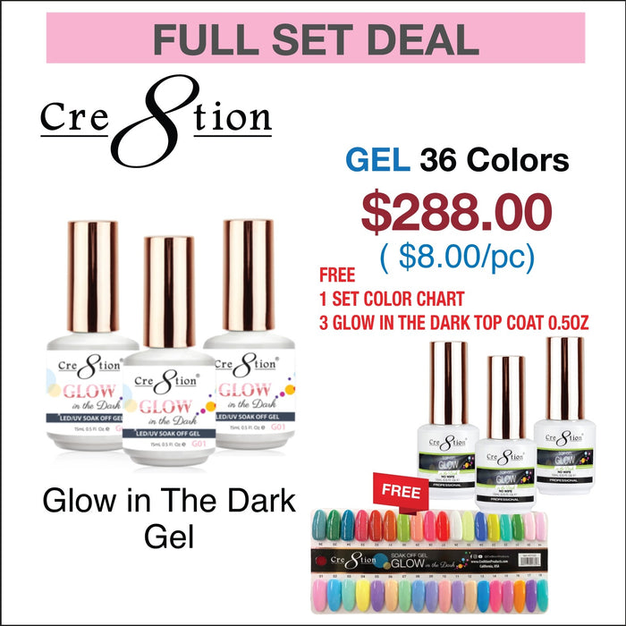 Cre8tion Glow in the Dark Gel 0.5oz - Full Set 36 colors w/ 3 Top Glow in the Dark 0.5oz & 1 Color Chart