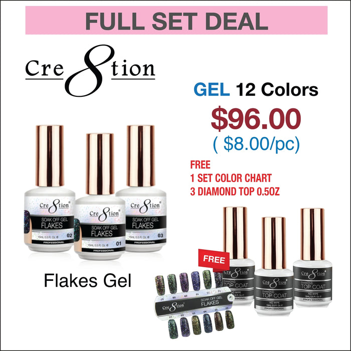 Cre8tion Flakes Gel 0.5oz - Full Set 12 colors w/ 3 Top Diamond 0.5oz & 1 set Color Chart