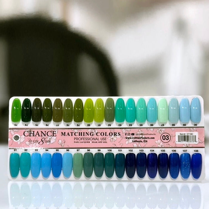 Chance Matching Color Gel &amp; Laca de uñas 0.5oz - 36 colores #073 - #108 - Colección de tonos verdes y azules con 2 juegos de carta de colores