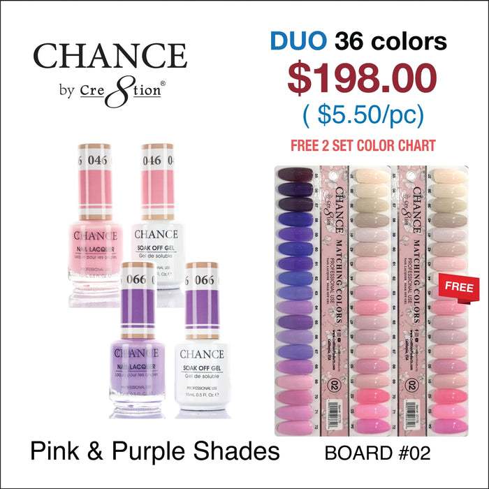 Chance Matching Color Gel &amp; Nail Lacquer 0.5oz - 36 colores #037 - #072 - Colección de tonos rosa y morado con 2 juegos de carta de colores