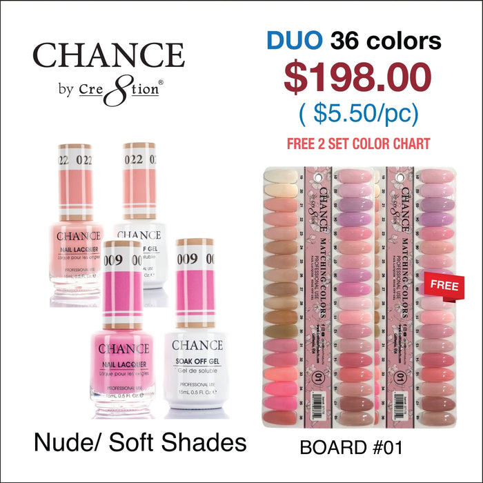 Chance Matching Color Gel & Nail Lacquer 0.5oz - 36 Colors #001-#036 - Nude/ Soft Shades Collection w/ 2 set Color Chart