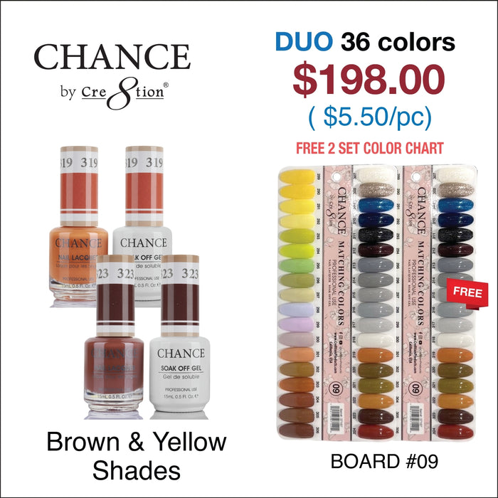 Chance Matching Color Gel &amp; Nail Lacquer 0.5oz - 36 colores #289 - #324 - Marrón/Amarillo/Colección de tonos nude con 2 juegos de carta de colores