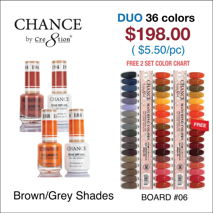 Chance Matching Color Gel & Nail Lacquer 0.5oz - 36 Colors #181 - #216 - Orange/Grey Shades Collection w/ 2 set Color Chart