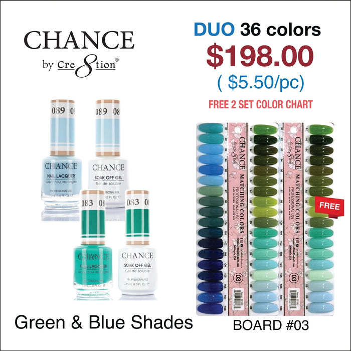 Chance Matching Color Gel &amp; Laca de uñas 0.5oz - 36 colores #073 - #108 - Colección de tonos verdes y azules con 2 juegos de carta de colores