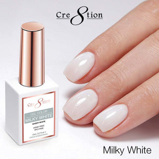 Nail polish bottle labeled 'Cre8tion' with a hand showing nails painted in Milky White color on a light gray background.