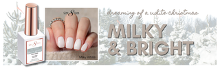 Milky White Nail Gel - HEMA FREE TPO FREE product with 'Milky & Bright' text and winter-themed background