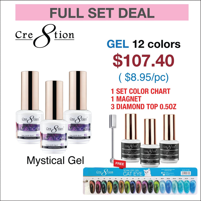 Cre8tion  Mystical Gel 0.5oz  - Full Set 12 colors w/ 1 Magnet, 3 Top Diamond 0.5oz & 1 Color Chart