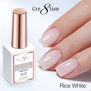 Cre8tion nail polish bottle with 'Rice White' color on nails