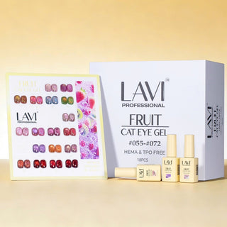 Lavi Fruit cat eye kit box and swatch card of bright pink and coral shades on a yellow set