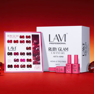 Lavi Ruby Glam cat eye kit box and swatch card of red and berry shades on a red set