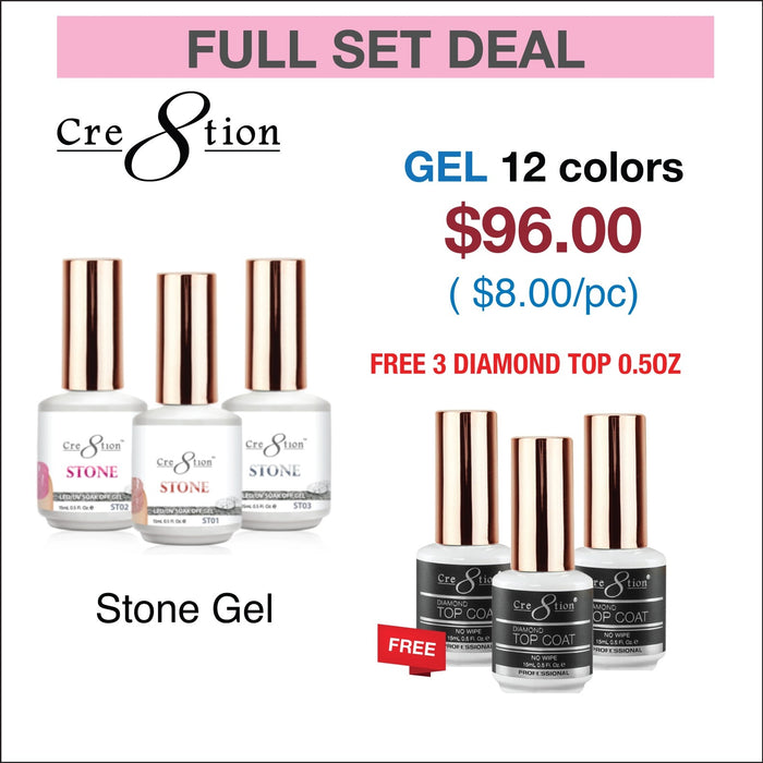 Cre8tion Stone Gel 0.5oz - Full Set 12 colors w/ 3 Top Diamond 0.5oz
