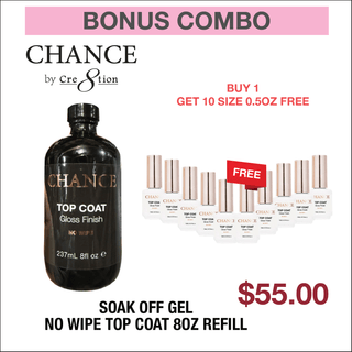 (Bonus Combo) Chance Soak Off Gel No Wipe Top Coat 8oz - Buy 1 Get 10 Size 0.5oz Free - C8 Nail SupplyCre8tion0916-3220-BC