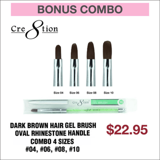 (Bonus Combo) Cre8tion Dark Brown Hair Gel Brush Oval Rhinestone Handle Combo 4 Sizes 04, 06, 08, 10 - C8 Nail SupplyCre8tion