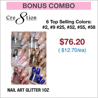 (Bonus Combo) Cre8tion Nail Art Glitter 1oz - 6 Top Selling Colors - C8 Nail SupplyCre8tion