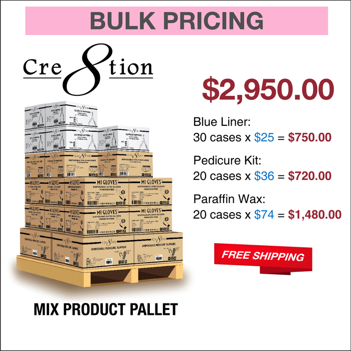 Cre8tion Mix Product Pallet: 30 case Blue Liner, 20 case Pedicure Kit A, 20 case Paraffin Wax