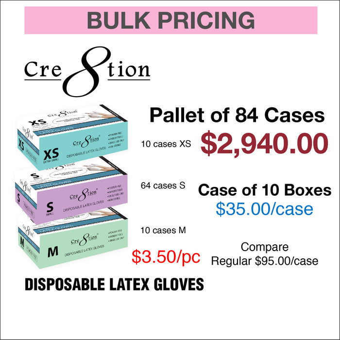 Cre8tion Disposable Latex Gloves  - Pallet of 84 - 10 Cases XS, 64 Cases S, 10 Cases M
