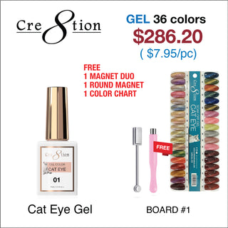 Cre8tion Cat Eye Gel 0.5oz - 36 colors Board 1 (#01 - #36) w/ 1 Round Shape Magnet, 1 Magnet Duo & 1 Color Chart
