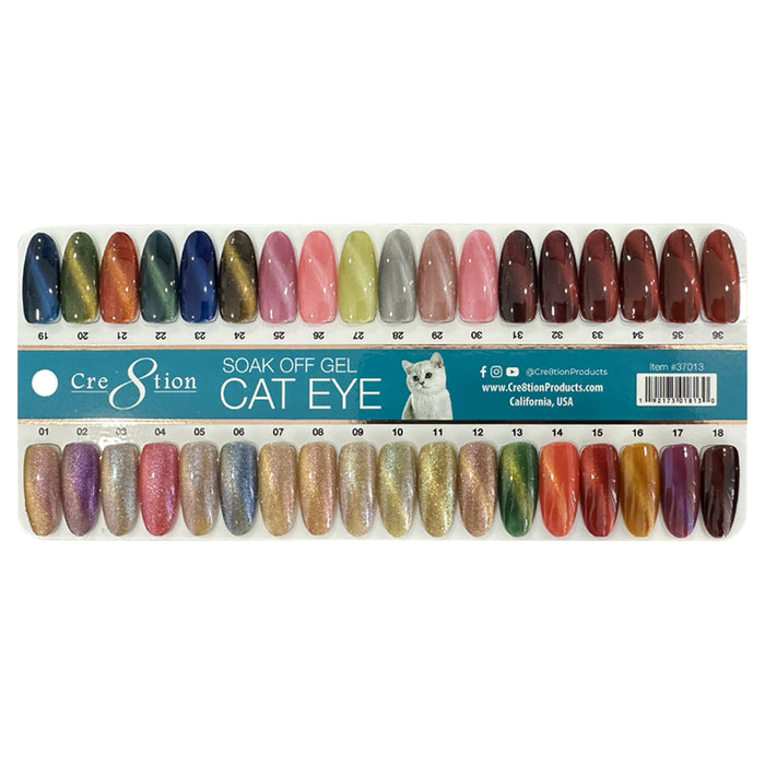 Cre8tion Cat Eye Soak Off Gel 0.5oz - Juego completo de 36 colores (#01 - #36) con 6 diamantes superiores de 0.5oz, 2 Magnet Duo y 1 juego de carta de colores