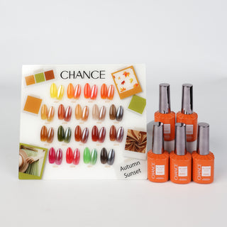 Chance Autumn Sunset Collection 0.5oz - 18 Colors w/ 1 Counter Display, 3 Chance No Wipe Top Coat 0.5oz & 1 Cre8tion White Pearl Chrome - C8 Nail SupplyCre8tion38025
