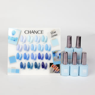Chance Blue Grace Collection 0.5oz - 18 Colors w/ 1 Counter Display, 3 Chance No Wipe Top Coat 0.5oz & 1 Cre8tion White Pearl Chrome - C8 Nail SupplyCre8tion38023