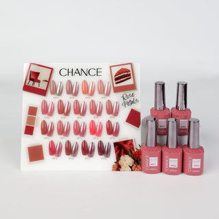 Chance Rose Petals Collection 0.5oz - 18 Colors w/ 1 Counter Display, 3 Chance No Wipe Top Coat 0.5oz & 1 Cre8tion White Pearl Chrome - C8 Nail SupplyCre8tion38016