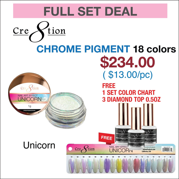 Cre8tion Unicorn Nail Art Effect 1g - Full set 18 colors w/ 3 Top Diamond 0.5oz & 1 set Color Chart