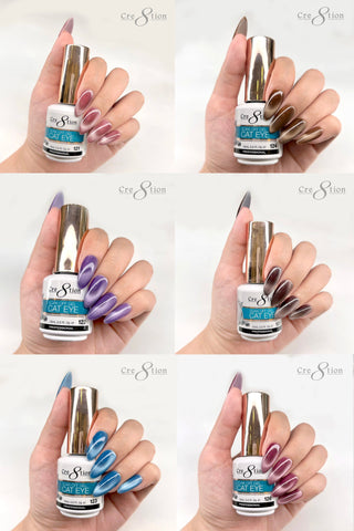 Cre8tion Cat Eye Gel 0.5oz - 36 Colors Board 4 (109 - 126) Mystical Collection (127 - 138) & Saphire Cat Eye (139 - 144) w/ 1 Round Shape Magnet, 1 Magnet Duo & 1 Color Chart - C8 Nail SupplyCre8tion