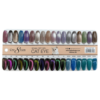 Cre8tion Cat Eye Gel 0.5oz - 36 Colors Board 4 (109 - 126) Mystical Collection (127 - 138) & Saphire Cat Eye (139 - 144) w/ 1 Round Shape Magnet, 1 Magnet Duo & 1 Color Chart - C8 Nail SupplyCre8tion