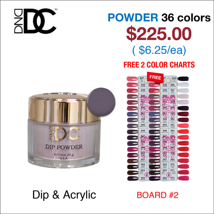 DND DC Dip Powder 2oz - 36 colors Board 2 (#037 - #072) w/ 2 Color Charts