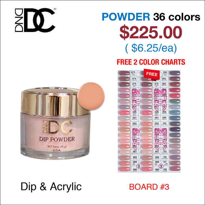 DND DC Dip Powder 2oz - 36 colors Board 3 (#073 - #108) w/ 2 Color Charts