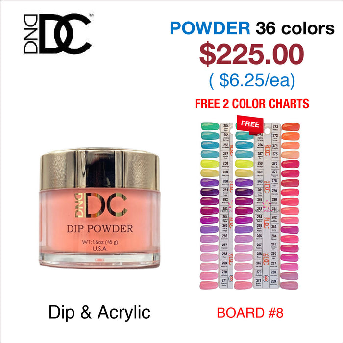 DND DC Dip Powder 2oz - 36 colors Board 8 (#254 - 289) w/ 2 Color Charts