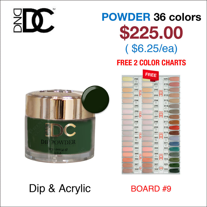 DND DC Dip Powder 2oz - 36 colors Board 9 (#290 - #326) w/ 2 Color Charts