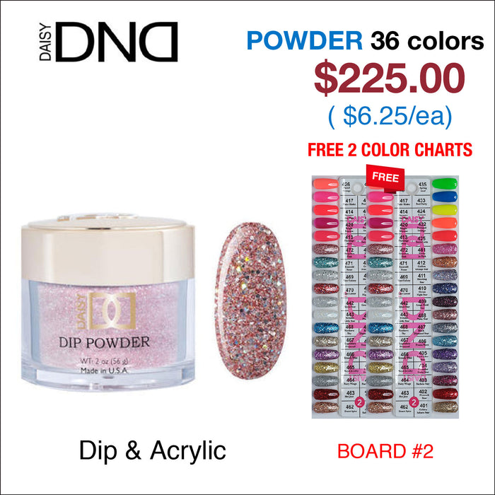DND Dip Powder 2oz - 36 colors Board 2 w/ 2 Color Charts