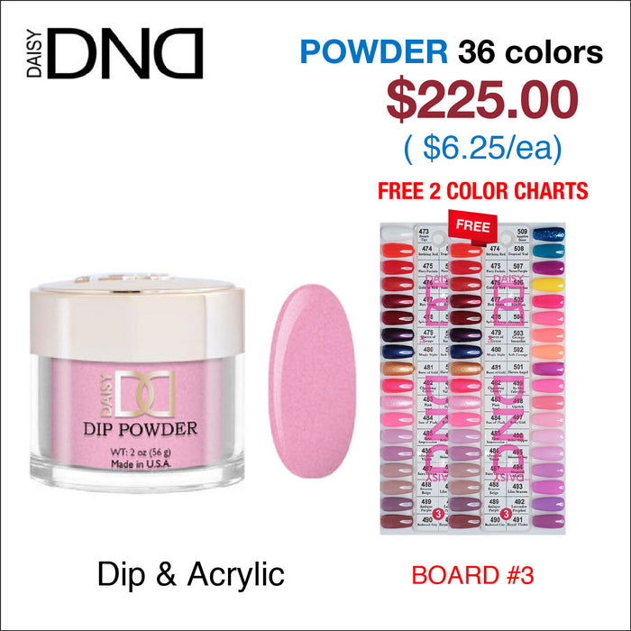 DND Dip Powder 2oz - 36 colors Board 3 (#473 - #509) w/ 2 Color Charts
