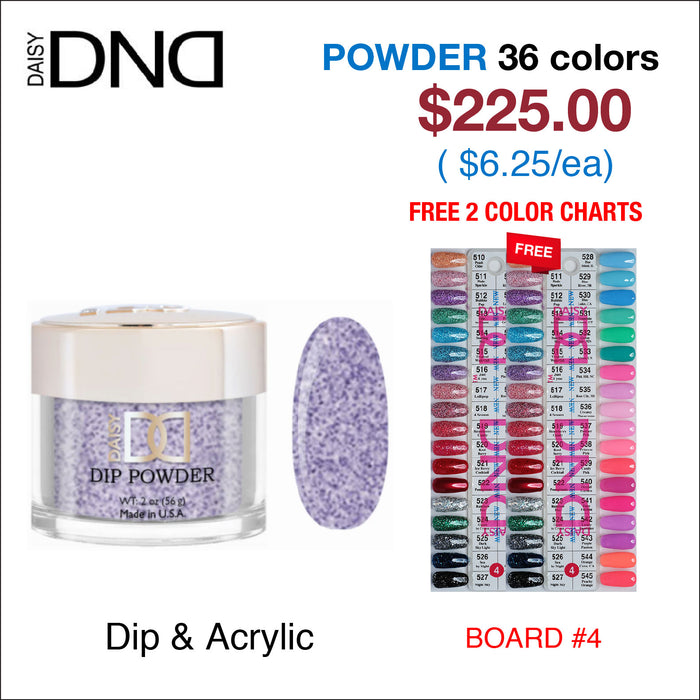 DND Dip Powder 2oz - 36 colors Board 4 (#510 - #545) w/ 2 Color Charts