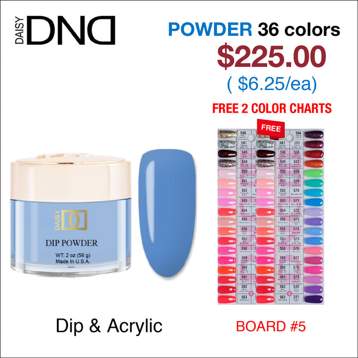 DND Dip Powder 2oz - 36 colors Board 5 (#546 - #581) w/ 2 Color Charts