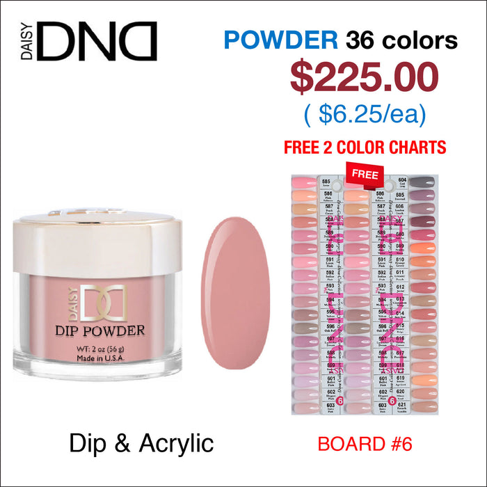 DND Dip Powder 2oz - 36 colors Board 6 (#585 - #621) w/ 2 Color Charts