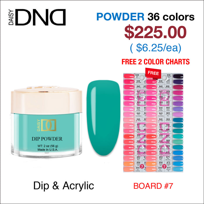 DND Dip Powder 2oz - 36 colors Board 7 (#638 - #673) w/ 2 Color Charts