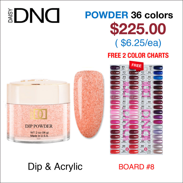 DND Dip Powder 2oz - 36 colors Board 8 (#674 - #710) w/ 2 Color Charts