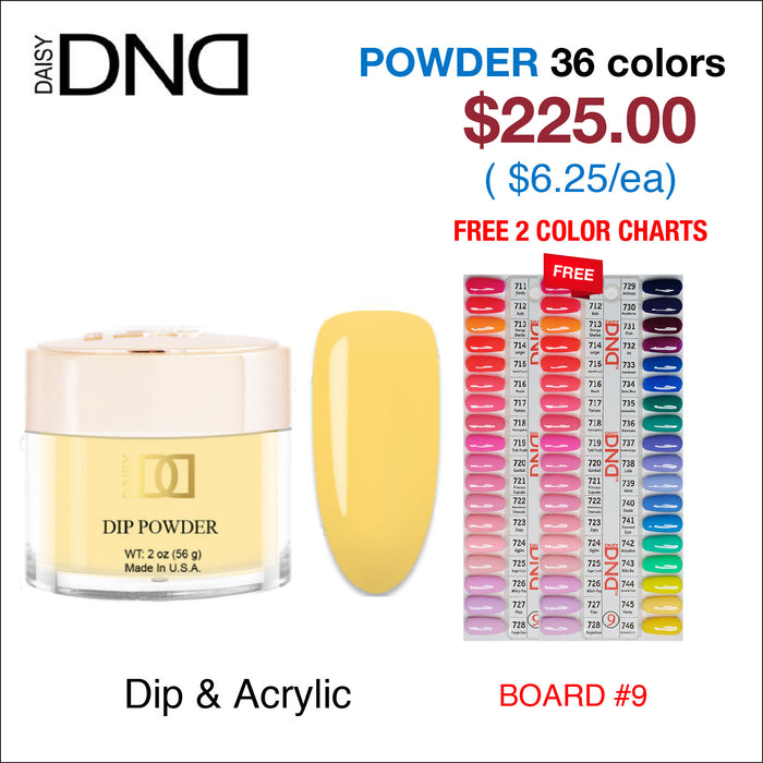 DND Dip Powder 2oz - 36 colors Board 9 (#711 - #746) w/ 2 Color Charts
