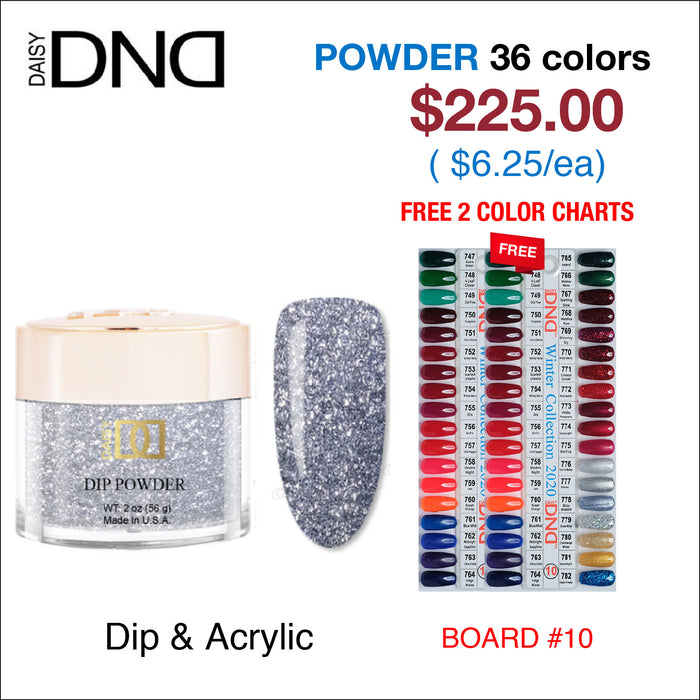 DND Dip Powder 2oz - 36 colors Board 10 (#747 - #782) w/ 2 Color Charts