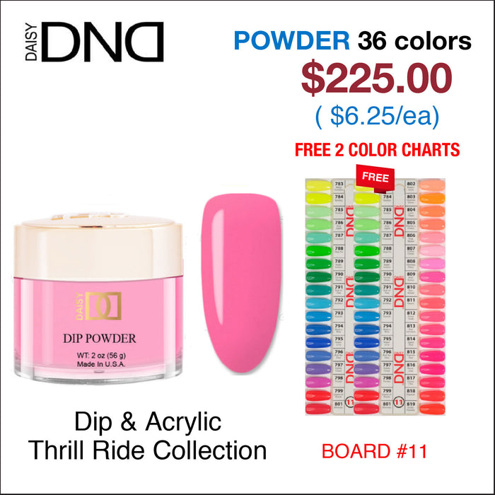 DND Dip Powder 2oz - 36 colors Board 11 - Thrill Ride Collection (#783 - #819) w/ 2 Color Charts