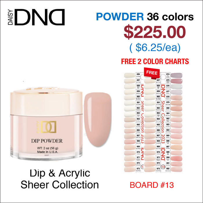 DND Dip Powder 2oz - 36 colors Board 13 - Sheer Collection (#856 - #892) w/ 2 color charts