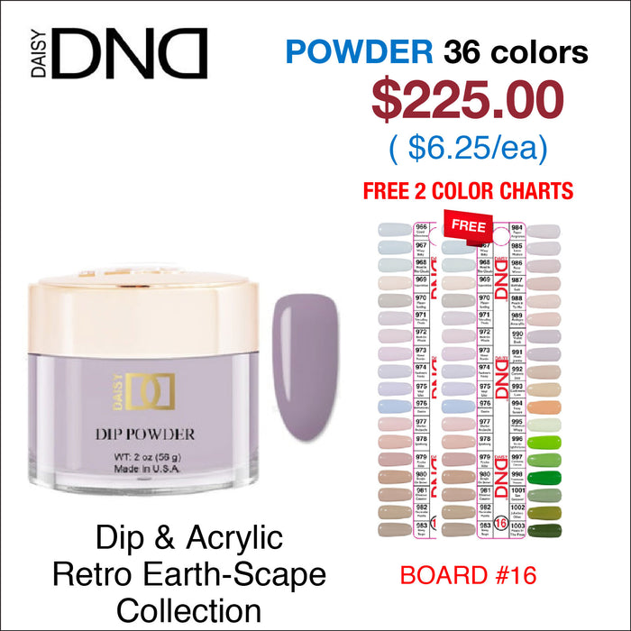(COMING SOON) DND Dip Powder 2oz - 36 colors Board 16 - Retro Earth-Scape Collection (#966- #1003) w/ 2 Color Charts