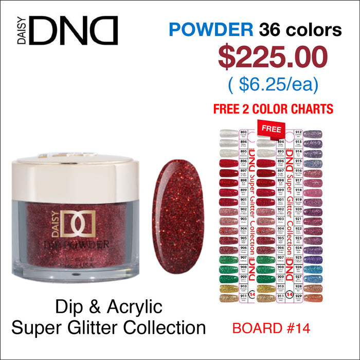 (COMING SOON) DND Dip Powder 2oz - 36 colors Board 14 - Super Glitter Collection (#893 - #929) w/ 2 Color Charts