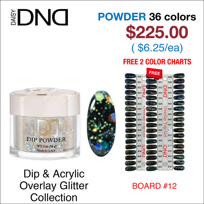 DND Dip Powder 2oz - 36 colors Board 12 - Overlay Glitter Collection (#820 - #855) w/ 2 color charts